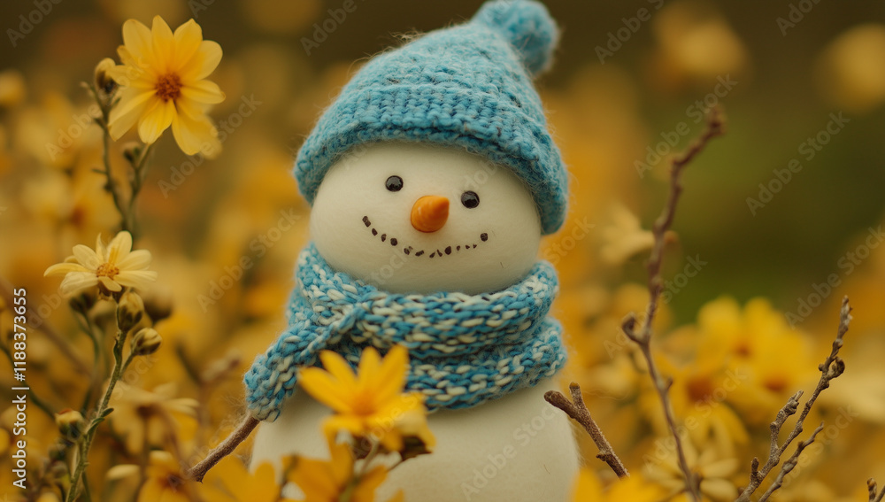 Obraz premium A cute snowman made of wool, wearing a blue hat and scarf, surrounded by yellow flowers in the garden. Macro photography in a minimalist style, with high-definition images,