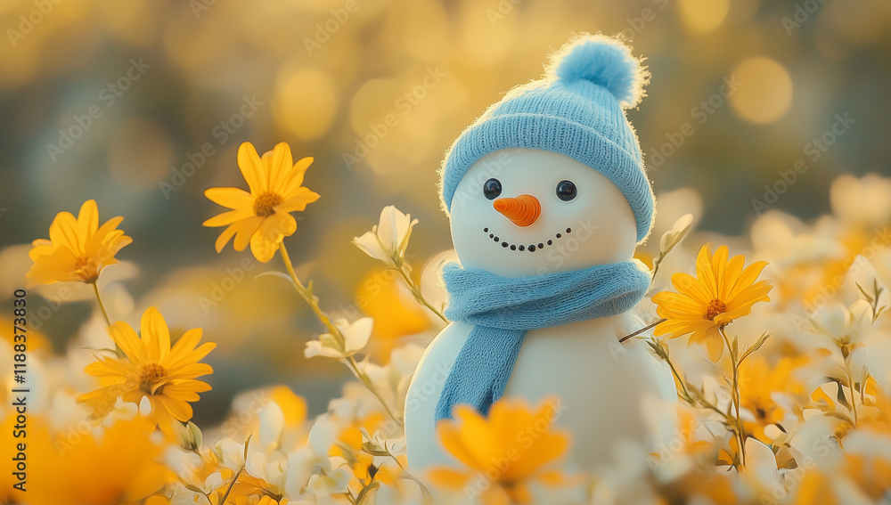 A cute snowman made of wool, wearing a blue hat and scarf, surrounded by yellow flowers in the garden. Macro photography in a minimalist style, with high-definition images, A cute snowman made of wool, wearing a blue hat and scarf, surrounded by yellow flowers in the garden. Macro photography in a minimalist style, with high-definition images,