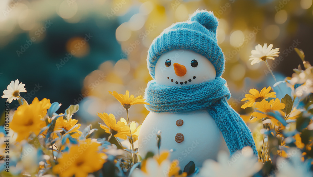 Obraz premium A cute snowman made of wool, wearing a blue hat and scarf, surrounded by yellow flowers in the garden. Macro photography in a minimalist style, with high-definition images,