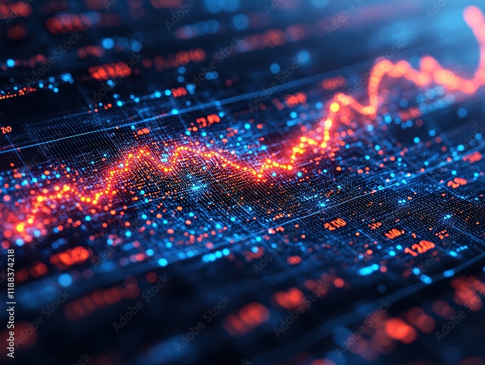 A digital representation of data trends with glowing lines and points, illustrating analytics and statistics. A digital representation of data trends with glowing lines and points, illustrating analytics and statistics.