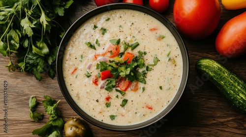A creamy soup garnished with fresh herbs and diced tomatoes, surrounded by vibrant vegetables like tomatoes and cucumbers on a rustic wooden surface.