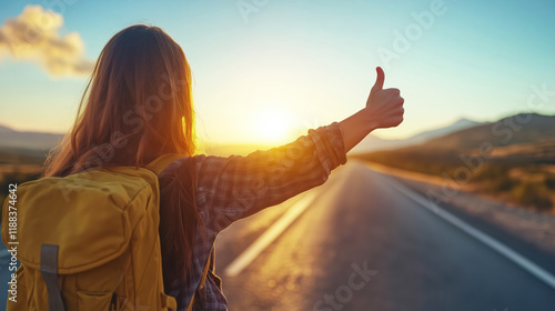 Young woman with backpack on road hitchhiking holding hand with thumb extended showing thumbs-up gesture