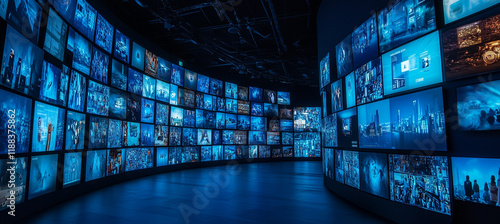 A curved wall of digital screens displaying various television shows and movies, representing the vast variety of content