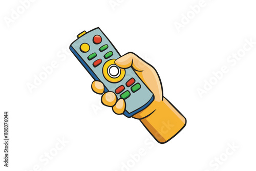 Illustration of a cartoon hand holding a colorful remote control with buttons, isolated on a white background for technology and entertainment concepts