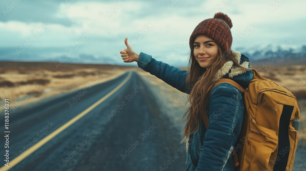 Young woman with backpack on road hitchhiking holding hand with thumb extended showing thumbs-up gesture