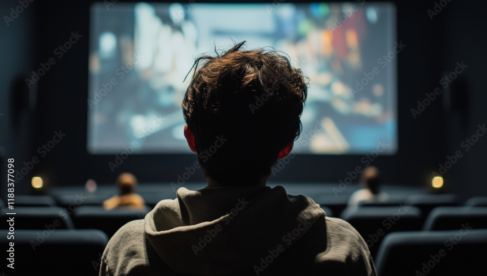 A person is sitting in an empty cinema, watching the movie on a large screen. The back of their head is visible, and they have short hair. A person is sitting in an empty cinema, watching the movie on a large screen. The back of their head is visible, and they have short hair.
