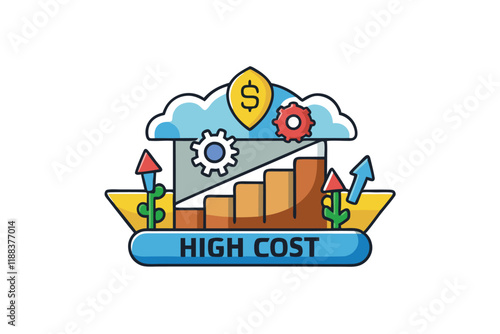 Creative high cost icon with economic growth, expense arrows, and dollar symbol, ideal for business, finance, and economic concepts