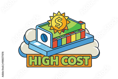 Illustration of rising costs and financial growth with colorful bar charts, gears, and dollar symbols in a clean vector style