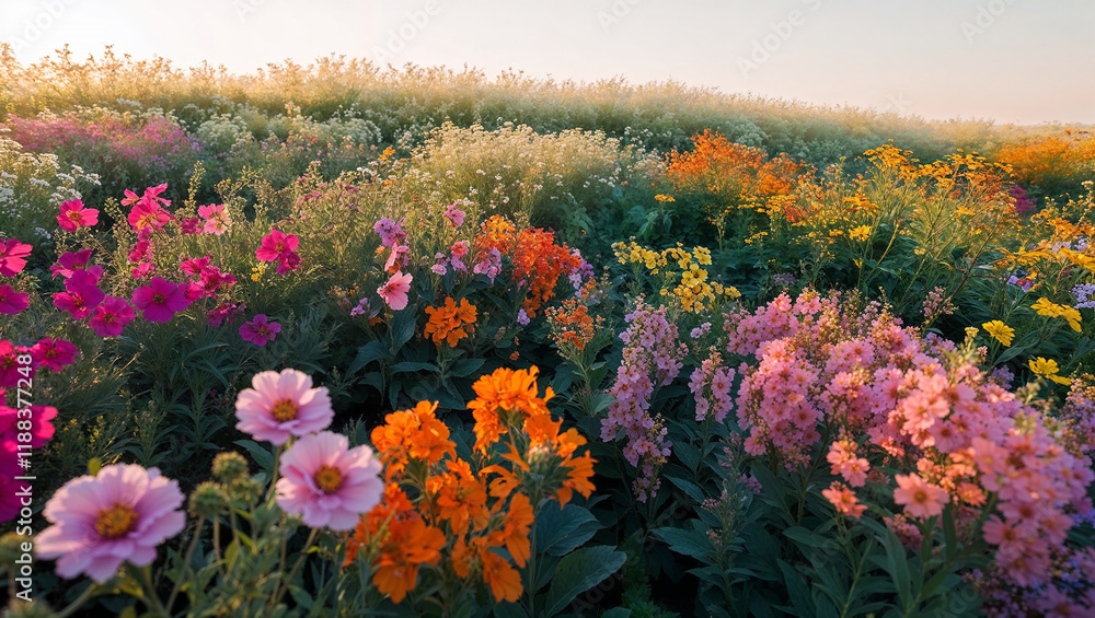 Obraz premium Field of colorful wildflowers illuminated by soft evening light.