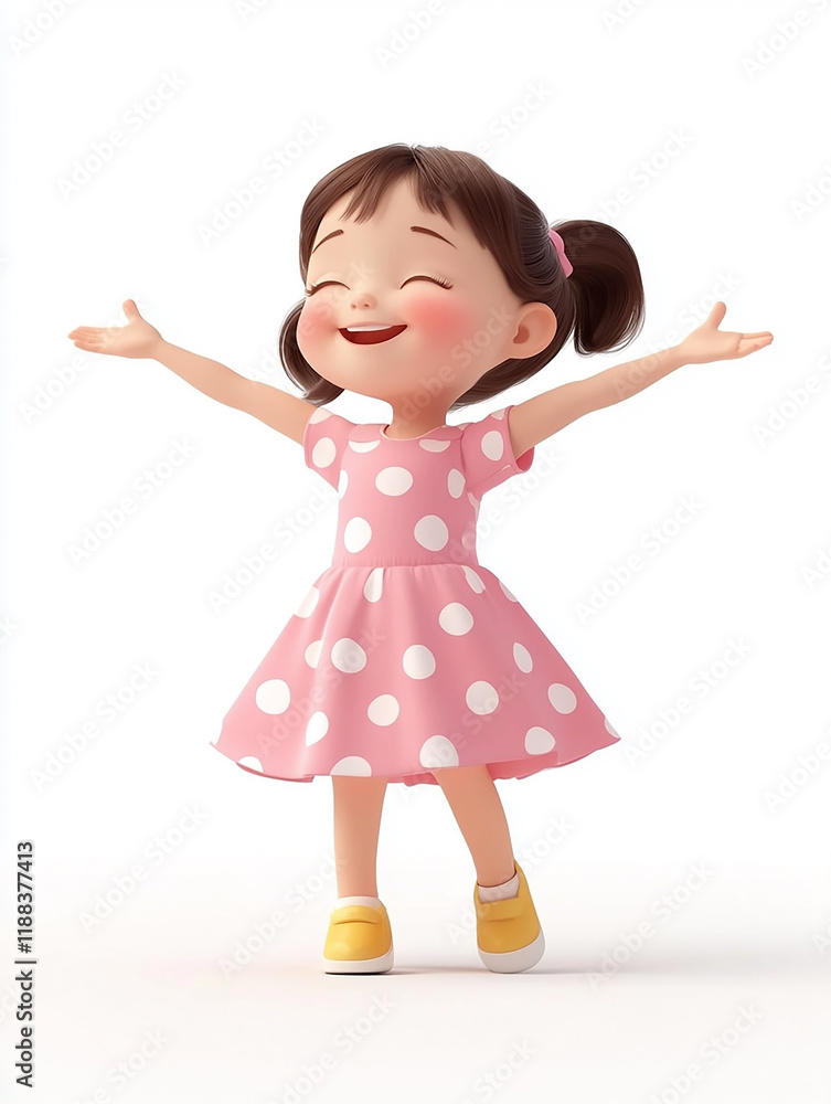 Happy Little Girl with Open Arms in Pink Dress, 3D illustration on white Happy Little Girl with Open Arms in Pink Dress, 3D illustration on white