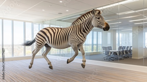 A zebra gallops through a modern glass-walled office space, creating a surreal scene.