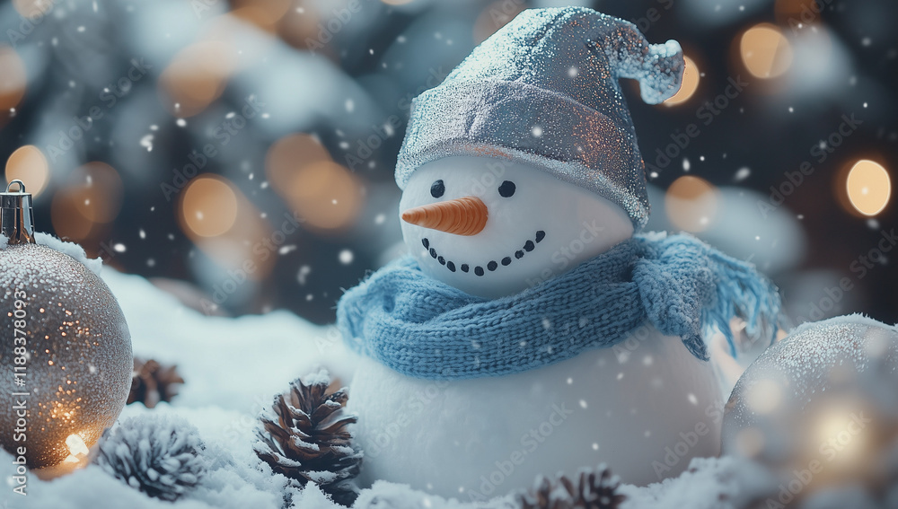 3D snowman with hat and scarf surrounded by Christmas decorations on a snowy background with bokeh lights, in a blue, white, silver, and gold color theme. 3D snowman with hat and scarf surrounded by Christmas decorations on a snowy background with bokeh lights, in a blue, white, silver, and gold color theme.