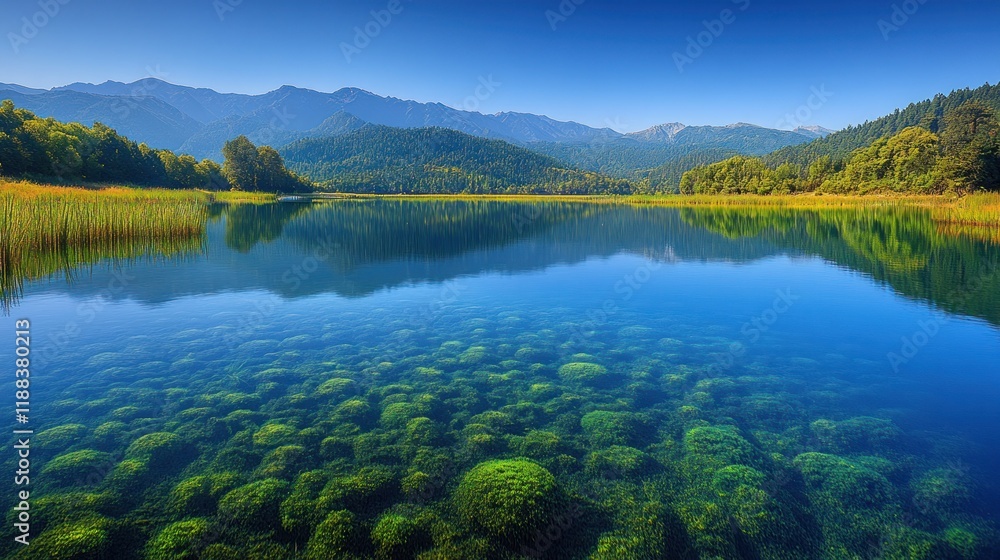 Naklejka premium Mountain lake reflection with clear water and algae in fall.