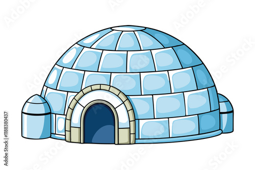 Cartoon style igloo illustration featuring a snow covered dome and ice blocks in blue shades on a white background