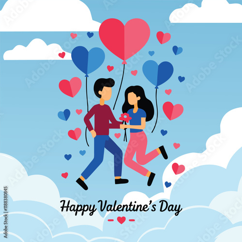 lustration of a couple embracing in the clouds, surrounded by heart-shaped balloons and symbols of love, celebrating Valentine's Day in a romantic and whimsical setting.