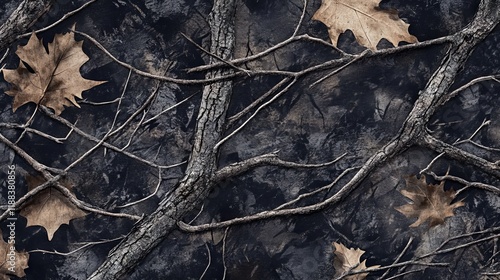 Dark Forest Camouflage Pattern with Autumn Leaves