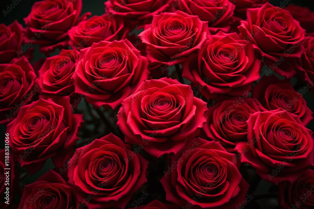 Dense cluster of red roses with detailed petals on dark green Dense cluster of red roses with detailed petals on dark green