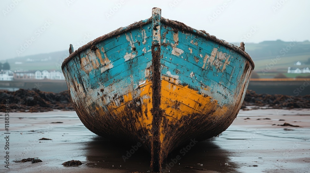 Old weathered boat beached on shore, coastal village background, possible fishing relic. Old weathered boat beached on shore, coastal village background, possible fishing relic.
