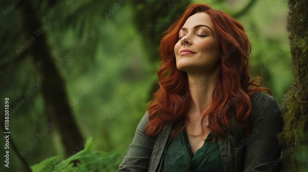 Naklejka premium A serene portrait of a red-haired woman in a lush green forest, with her eyes closed, enjoying the tranquil atmosphere of nature