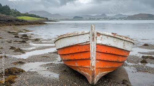 Old red boat beached on shore, tranquil bay, distant hills, cloudy sky. photo