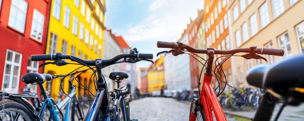 A vibrant street scene featuring colorful buildings and parked bicycles, showcasing urban life and cycling culture. A vibrant street scene featuring colorful buildings and parked bicycles, showcasing urban life and cycling culture.