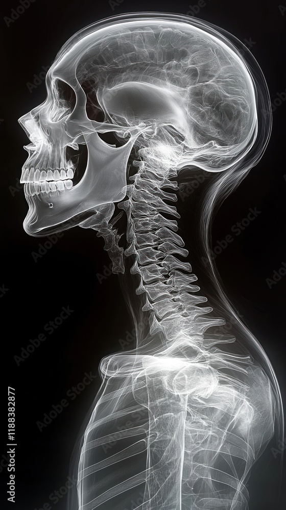 X-ray image shows human skeleton anatomy of skull, spine. Clear view of detailed structure of skull, neck bones. Image highlights complex arrangement of vertebrae in spine, skeletal system. Medical X-ray image shows human skeleton anatomy of skull, spine. Clear view of detailed structure of skull, neck bones. Image highlights complex arrangement of vertebrae in spine, skeletal system. Medical