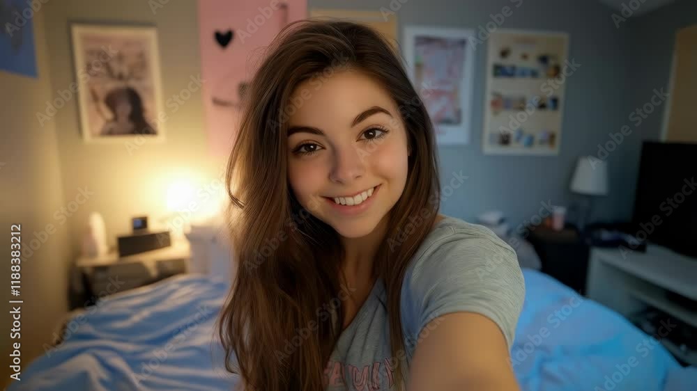 Pretty teenage woman smiles and takes selfies in her living room. Concept of being a student and remotely communicating with relatives. Slow motion, vertical video. Pretty teenage woman smiles and takes selfies in her living room. Concept of being a student and remotely communicating with relatives. Slow motion, vertical video.