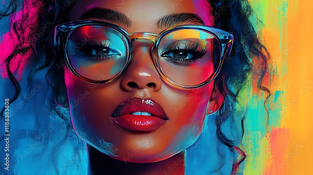 Vibrant portrait of a woman with glasses urban setting digital art Vibrant portrait of a woman with glasses urban setting digital art