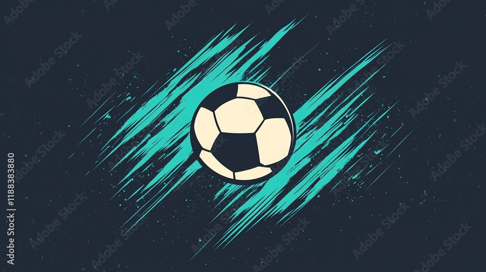 Fototapeta premium Soccer ball graphic design with teal brush strokes.