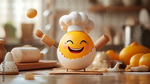 Cheerful cooking egg character in a kitchen food illustration playful vibe photo