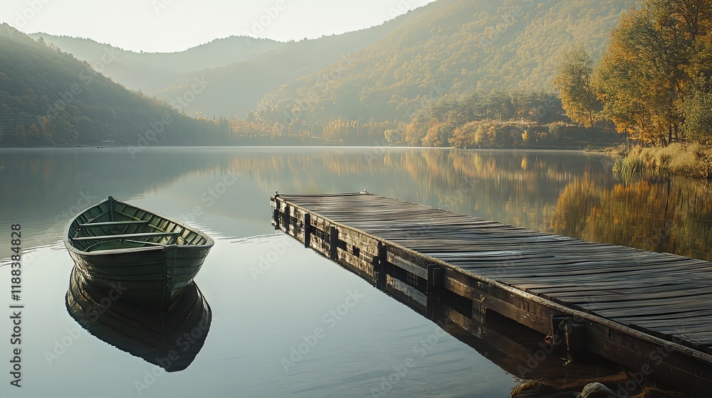 Fototapeta premium Serene Lake Scene with Wooden Dock and Boat