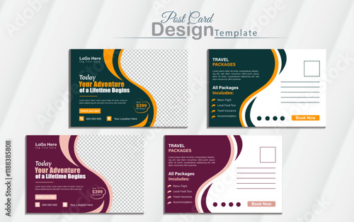 Modern and elegant travel post card design template with vector standard size multiple color, vacation design flyer template for holiday . Travel Agency Postcard Layout with mockup