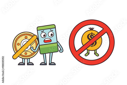 Vibrant prohibition sign illustration with money themed cartoon characters, perfect for finance, accounting, or anti tax evasion campaigns