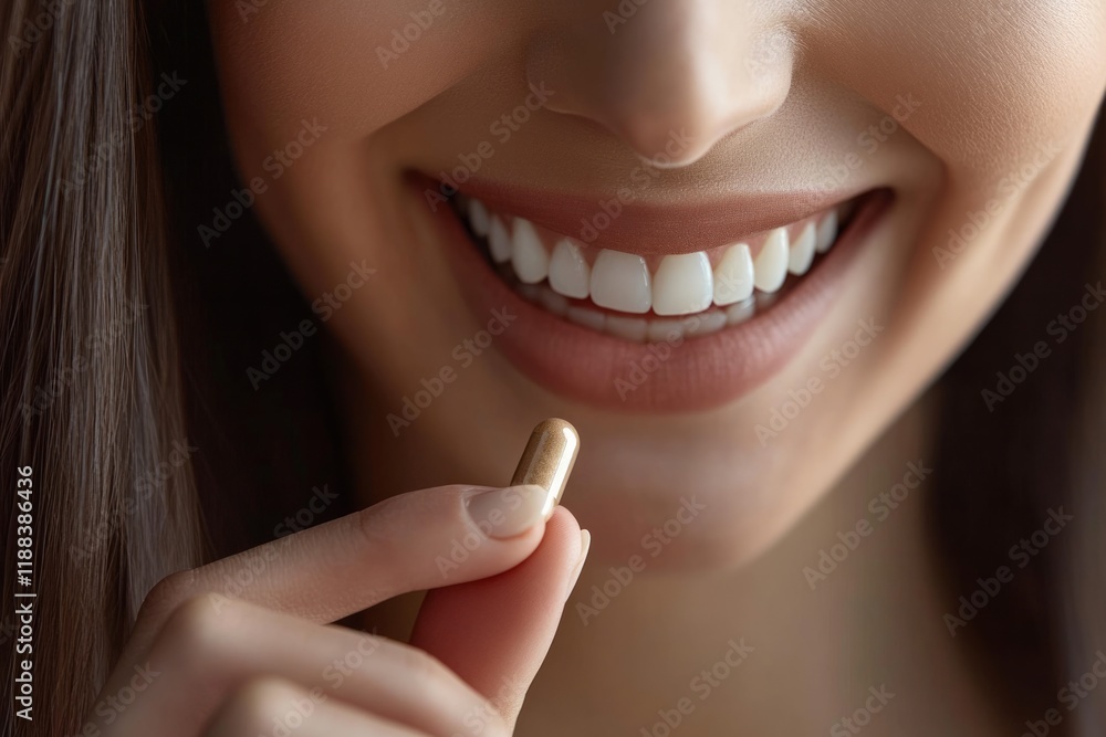 Naklejka premium A smiling woman holding a natural-looking brown beige supplement capsule 