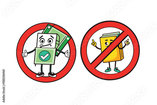 Illustration of money and tax concepts with prohibition signs, highlighting no cash or no tax policies in a colorful and playful design
