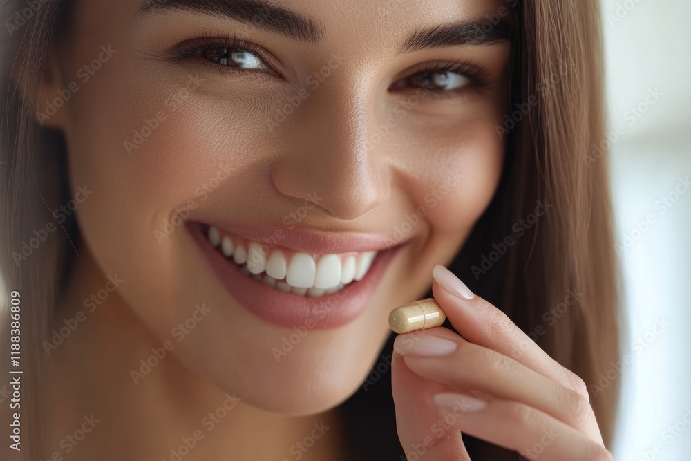A smiling woman holding a natural-looking brown beige supplement capsule A smiling woman holding a natural-looking brown beige supplement capsule