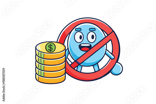 Prohibition sign over financial growth and earnings, creative cartoon design for economic crisis or business failure themes