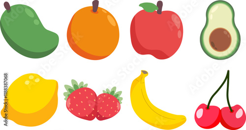 Colorful icons set of fruits and vegetables. Fruit collection in flat hand drawn style, illustrations set. Tropical fruit and graphic design elements. Ingredients color cliparts