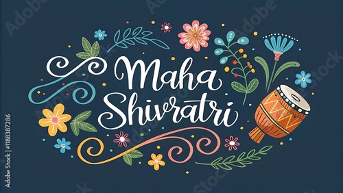 Maha Shivratri festival design featuring vibrant flower art, traditional dholak illustration, and bold typography on a dark background, celebrating Indian cultural heritage and spiritual devotion