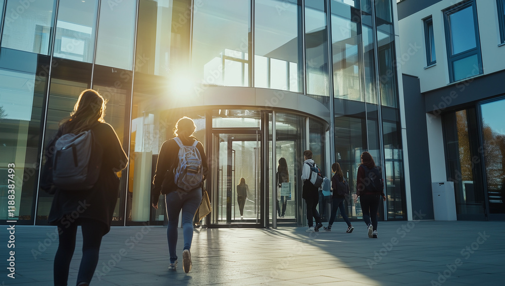 Fototapeta premium A realistic shot of a group of students walking in the entrance area at different times, passing through glass doors and entering a modern university building with tall ceilings