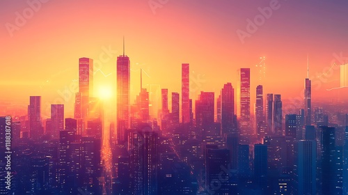 Sunset skyline view over cityscape urban landscape vibrant evening