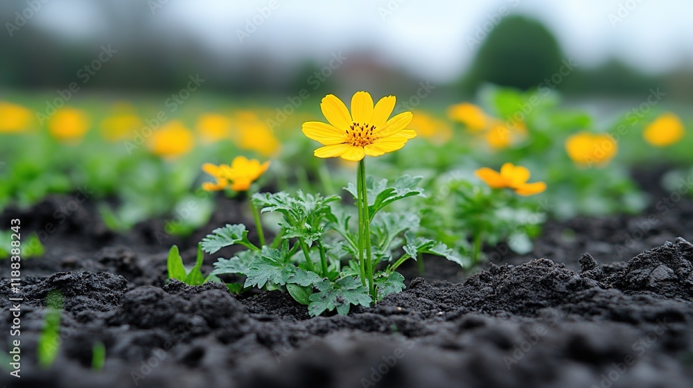 A vibrant yellow flower stands out against a backdrop of rich soil, symbolizing growth and nature's beauty. A vibrant yellow flower stands out against a backdrop of rich soil, symbolizing growth and nature's beauty.