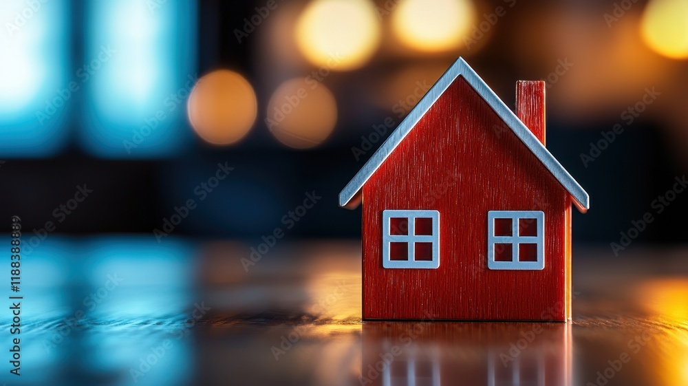 A small red toy house sits on a wooden table, illuminated by soft, blurred lights in the background, creating a cozy atmosphere. A small red toy house sits on a wooden table, illuminated by soft, blurred lights in the background, creating a cozy atmosphere.