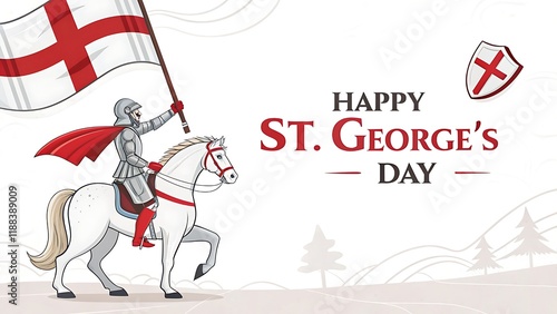 St. George's Day artwork highlighting a medieval knight on horseback holding a lance, with England’s cross flag as a backdrop, representing historical pride, cultural traditions, and the patron saint