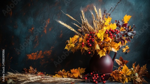 Fall leaves, wheat, and berries in a vase on a dark table against a painted wall