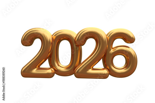 3D vector numbers 2026 in a gold color. Design object for New Year greeting cards, advertising banners. Metal numbers are bold and sleek, and with sharp edges. 3D element isolated on white