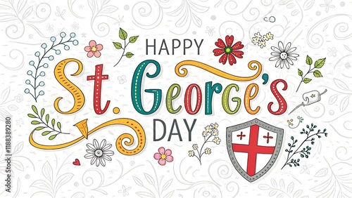 St. George's Day celebration design with vibrant hand-drawn lettering, artistic flowers, swirling accents, and an English cross shield, celebrating England’s patron saint, heritage, and national pride