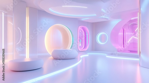 Futuristic white 3D room with neon lighting creates a sleek tech vibe