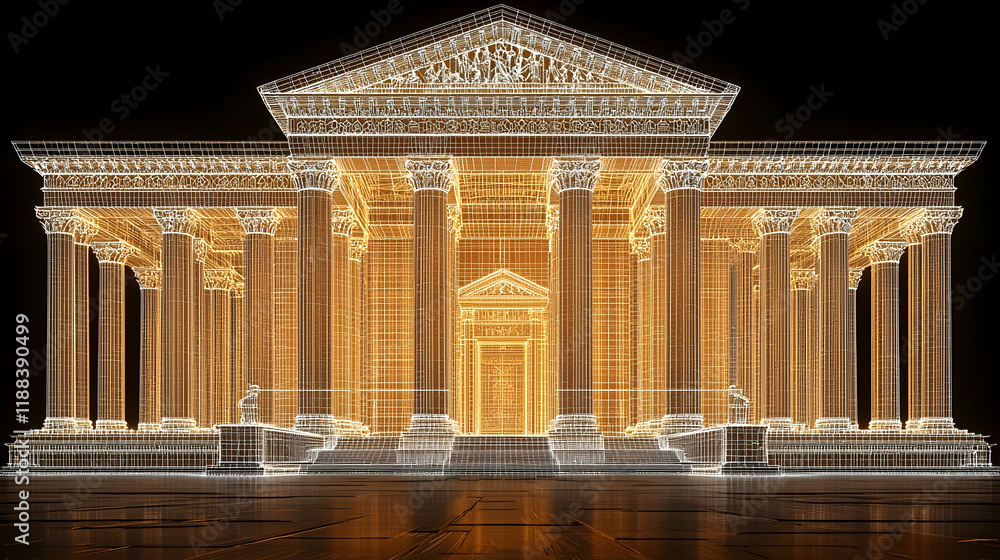 Fototapeta premium Glowing Wireframe Classic Building Night Architectural Design