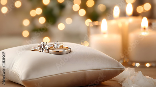 Elegant wedding rings displayed on soft pillow, surrounded by glowing candles and bokeh lights, creating romantic atmosphere